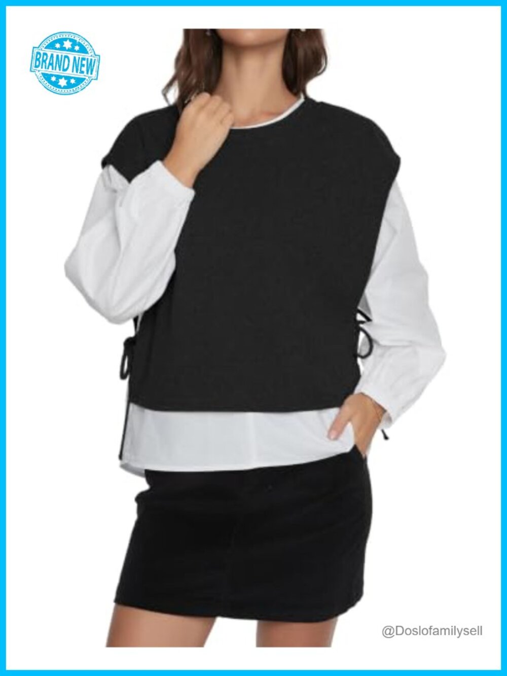2 Piece Top Set Side Tie Vest & Puff Sleeve Blouse